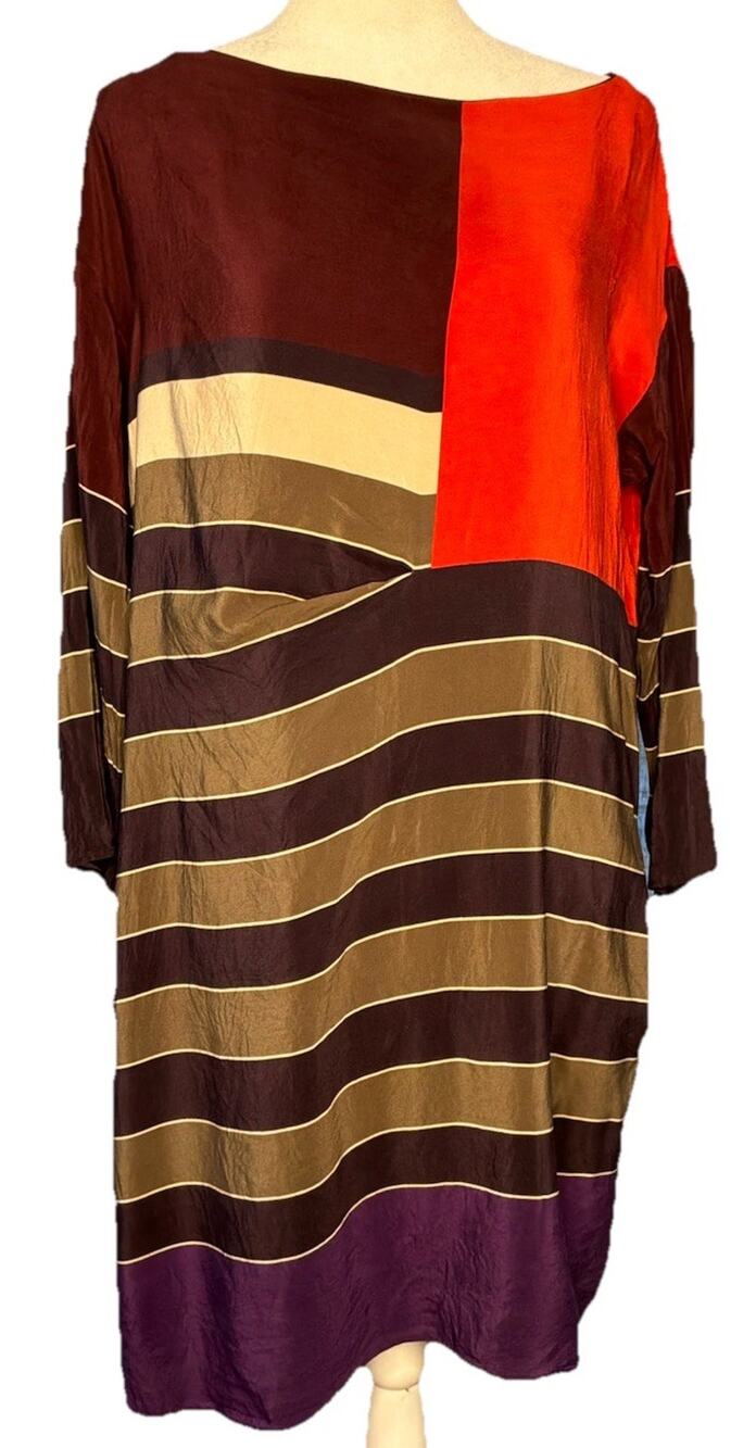 Weekend Max Mara 100% Silk Colorblock Stripe Shift Dress Burgundy Red US 10